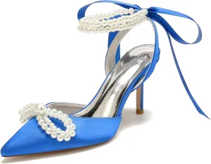 Women Satin Pearls Wedding Pumps for Bride Closed Pointed Toe Prom Evening Bridal Party Dress Shoes Strap Evening Guest Shoes