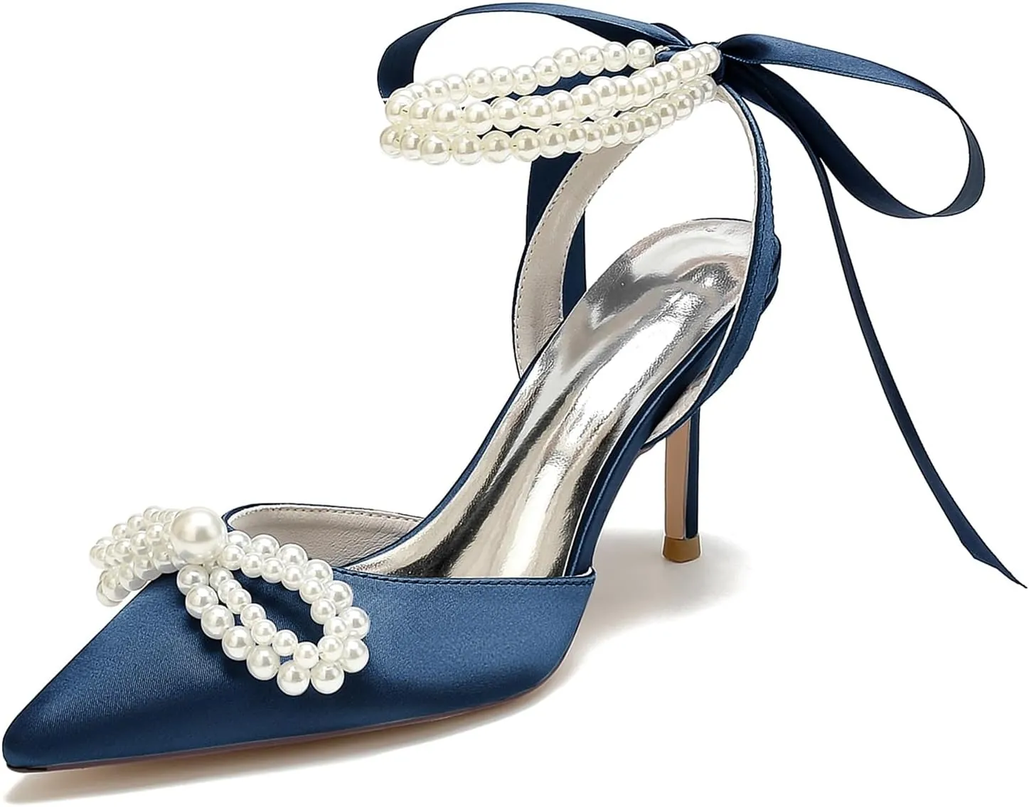 Women Satin Pearls Wedding Pumps for Bride Closed Pointed Toe Prom Evening Bridal Party Dress Shoes Strap Evening Guest Shoes