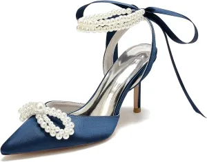 Women Satin Pearls Wedding Pumps for Bride Closed Pointed Toe Prom Evening Bridal Party Dress Shoes Strap Evening Guest Shoes
