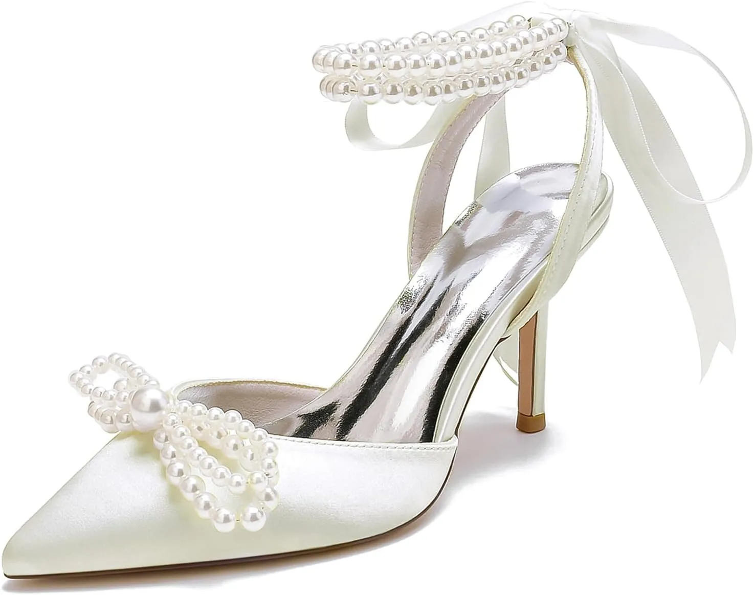 Women Satin Pearls Wedding Pumps for Bride Closed Pointed Toe Prom Evening Bridal Party Dress Shoes Strap Evening Guest Shoes