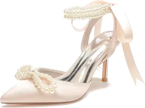 Women Satin Pearls Wedding Pumps for Bride Closed Pointed Toe Prom Evening Bridal Party Dress Shoes Strap Evening Guest Shoes