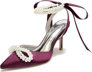 Women Satin Pearls Wedding Pumps for Bride Closed Pointed Toe Prom Evening Bridal Party Dress Shoes Strap Evening Guest Shoes