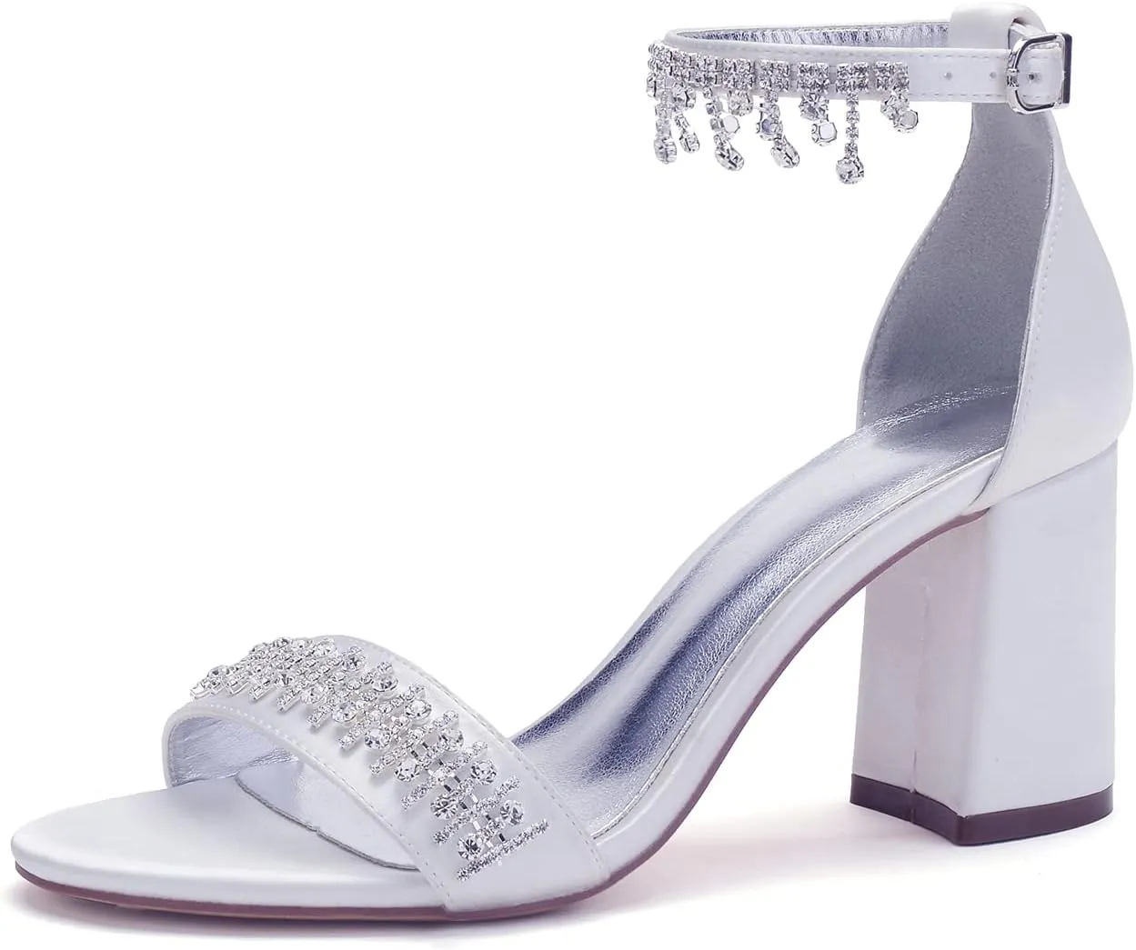Women's Beaded Crystal Wedding Sandals for Bride Block Heels Satin Bridal Shoes Formal Evening Prom Party Shoes
