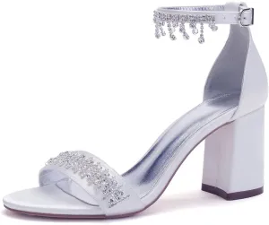 Women's Beaded Crystal Wedding Sandals for Bride Block Heels Satin Bridal Shoes Formal Evening Prom Party Shoes