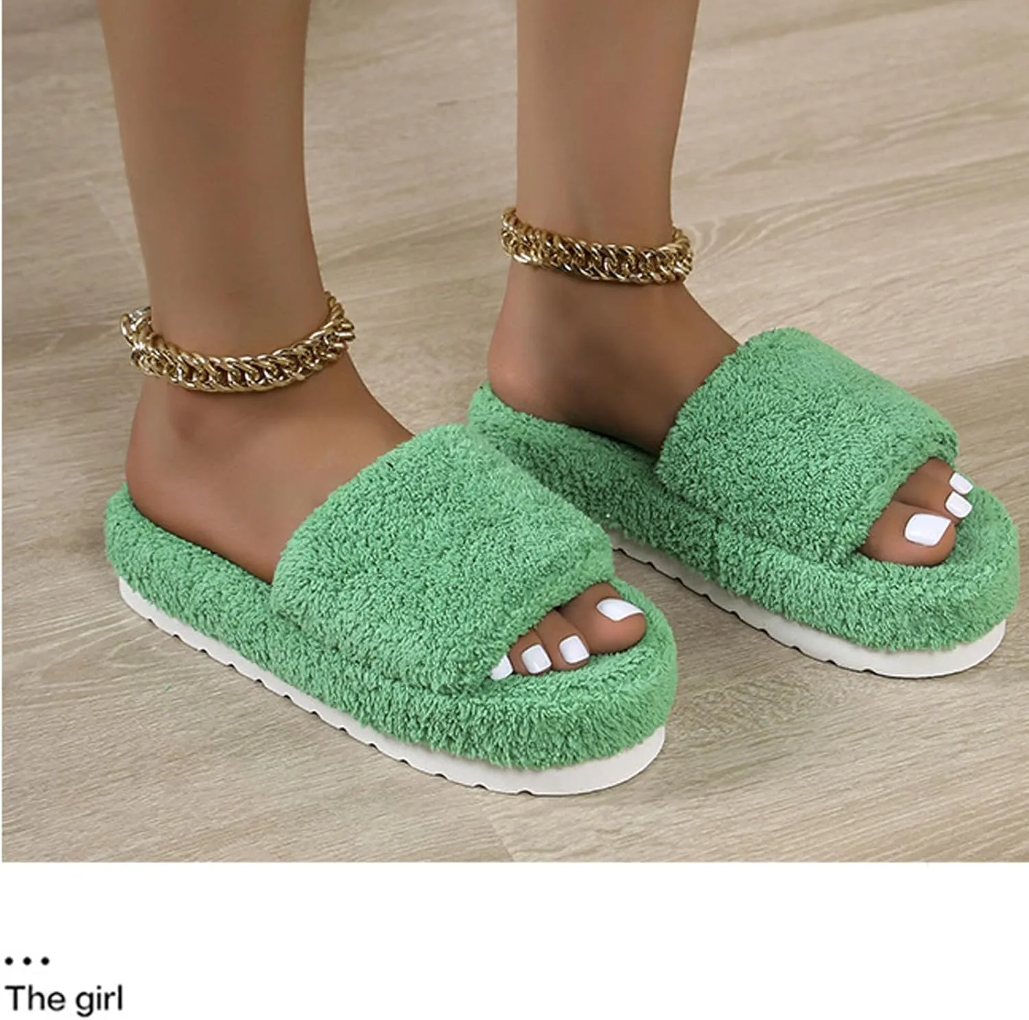 Women's Chunky Fluffy Solid Sandal Slip on Open Toe Lounge Slide Comfy Soft Summer Slipper Anti-Slip Platform Flat