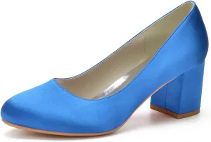 Women's Chunky Heel Closed Toe Pumps Satin Mid Block Heel Slip-On Classic Party Dress Shoes