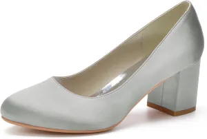 Women's Chunky Heel Closed Toe Pumps Satin Mid Block Heel Slip-On Classic Party Dress Shoes