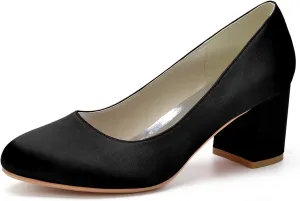 Women's Chunky Heel Closed Toe Pumps Satin Mid Block Heel Slip-On Classic Party Dress Shoes