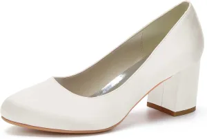 Women's Chunky Heel Closed Toe Pumps Satin Mid Block Heel Slip-On Classic Party Dress Shoes