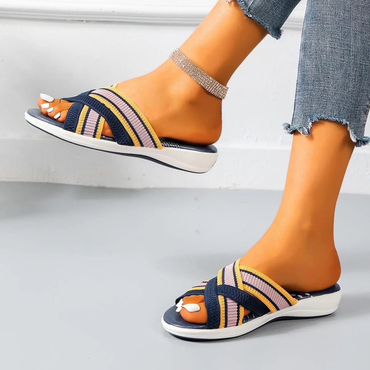 Women's Cross Thick Strappy Slipper Solid Platform Orthopedic Sandal Open Toe Breathe Slide Beach Vacation Sandals