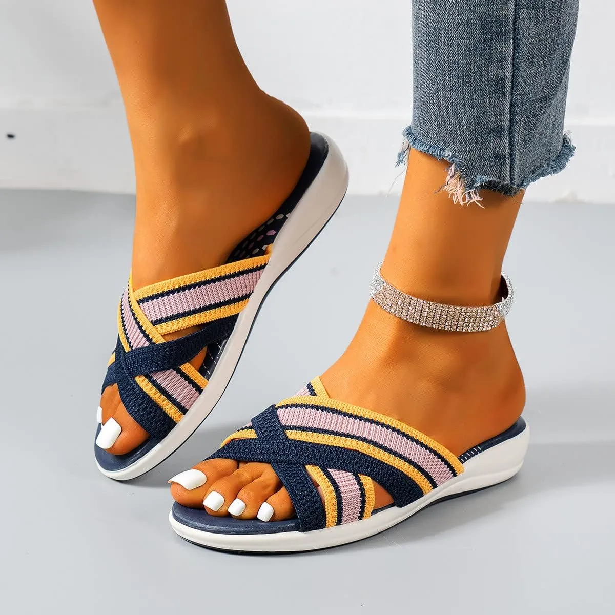 Women's Cross Thick Strappy Slipper Solid Platform Orthopedic Sandal Open Toe Breathe Slide Beach Vacation Sandals