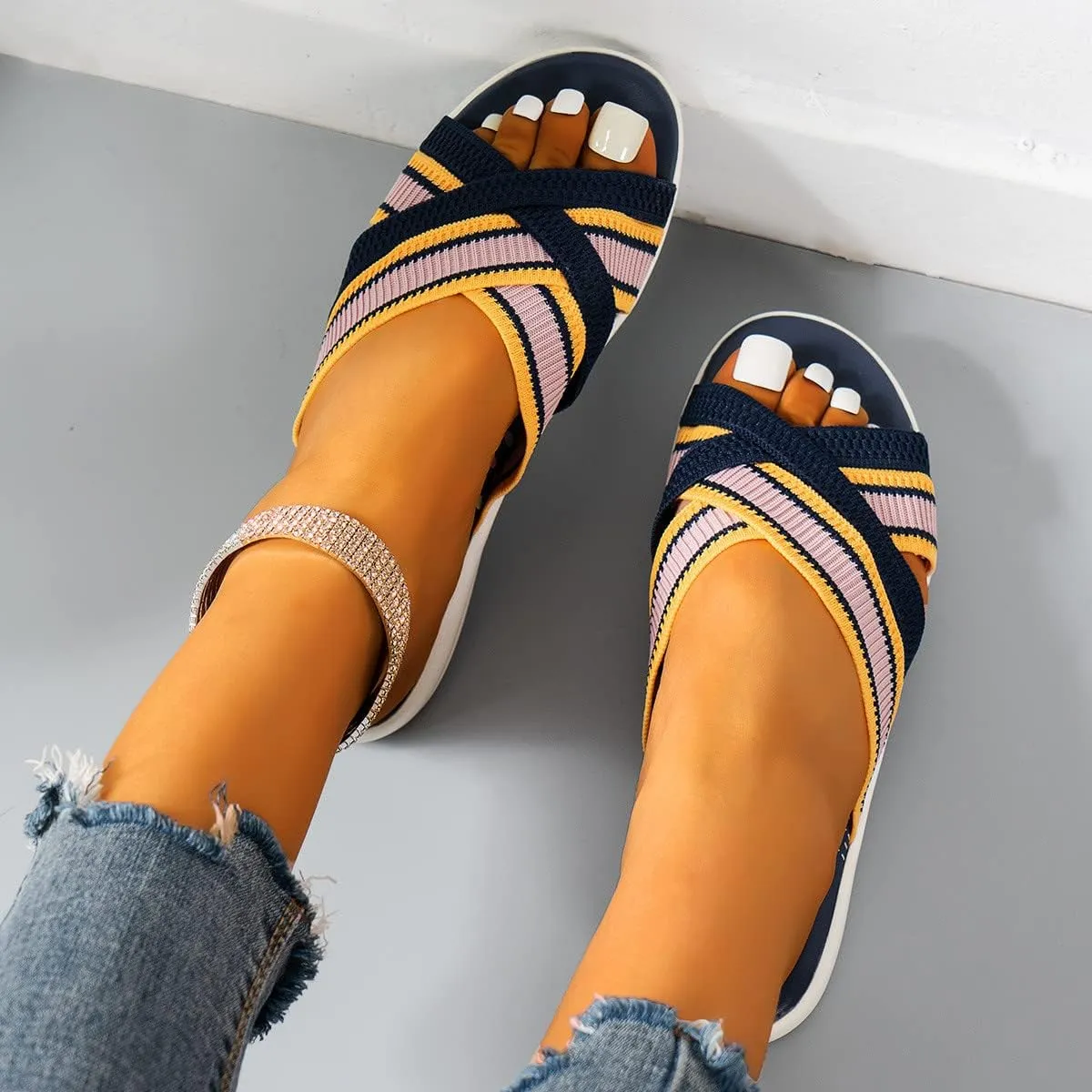 Women's Cross Thick Strappy Slipper Solid Platform Orthopedic Sandal Open Toe Breathe Slide Beach Vacation Sandals