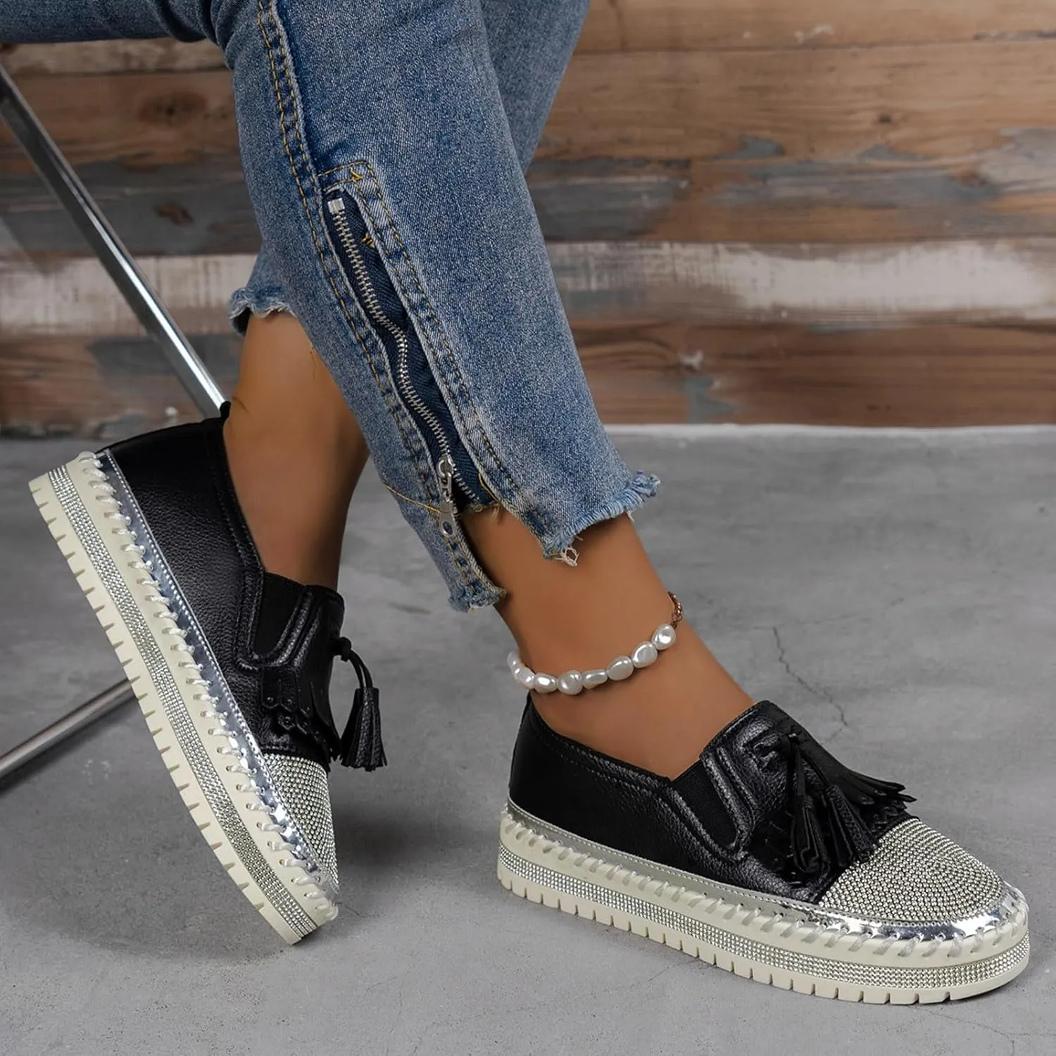 Women's Fashion Leather Loafers Sparkly Rhinestone Tassel Decoration Thick Sole Shoes Casual Handmade Shoes Men