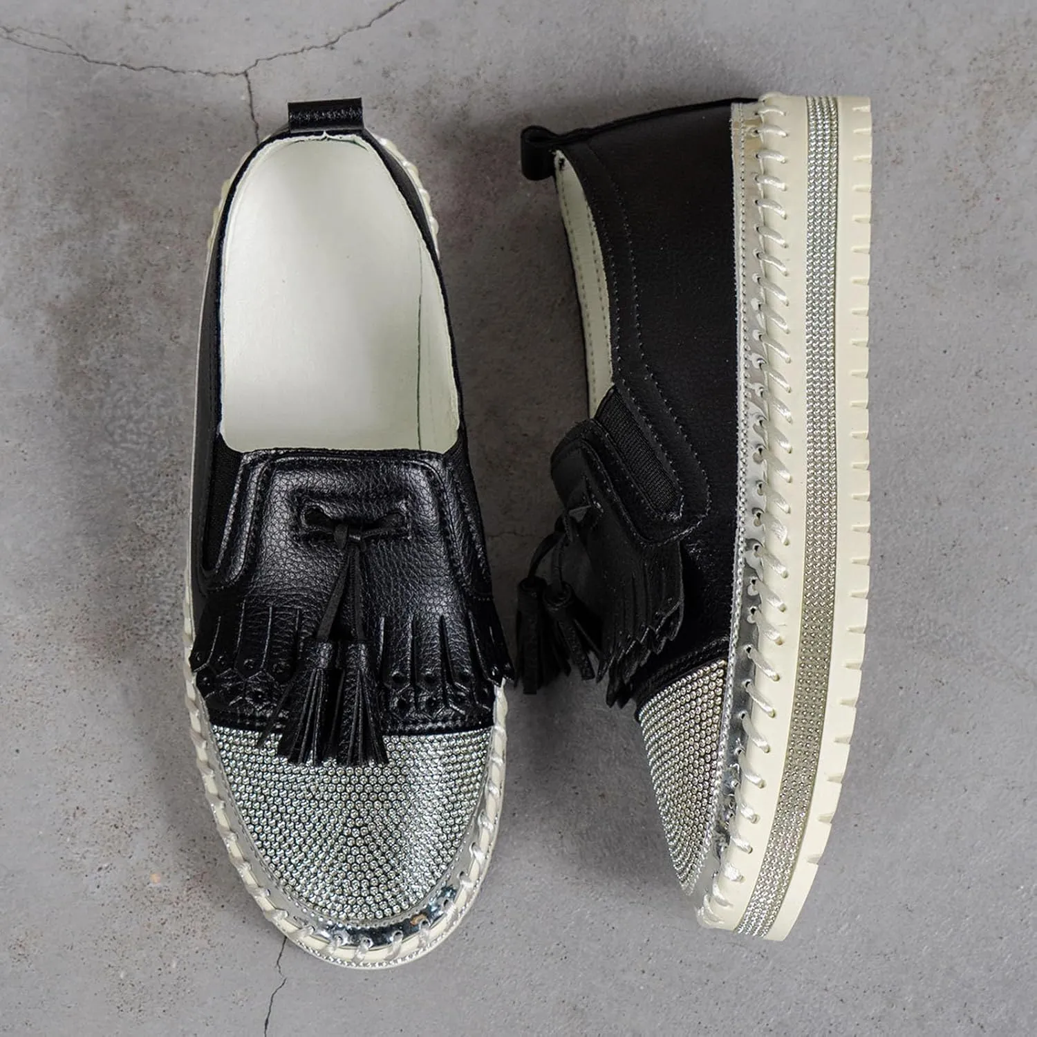 Women's Fashion Leather Loafers Sparkly Rhinestone Tassel Decoration Thick Sole Shoes Casual Handmade Shoes Men