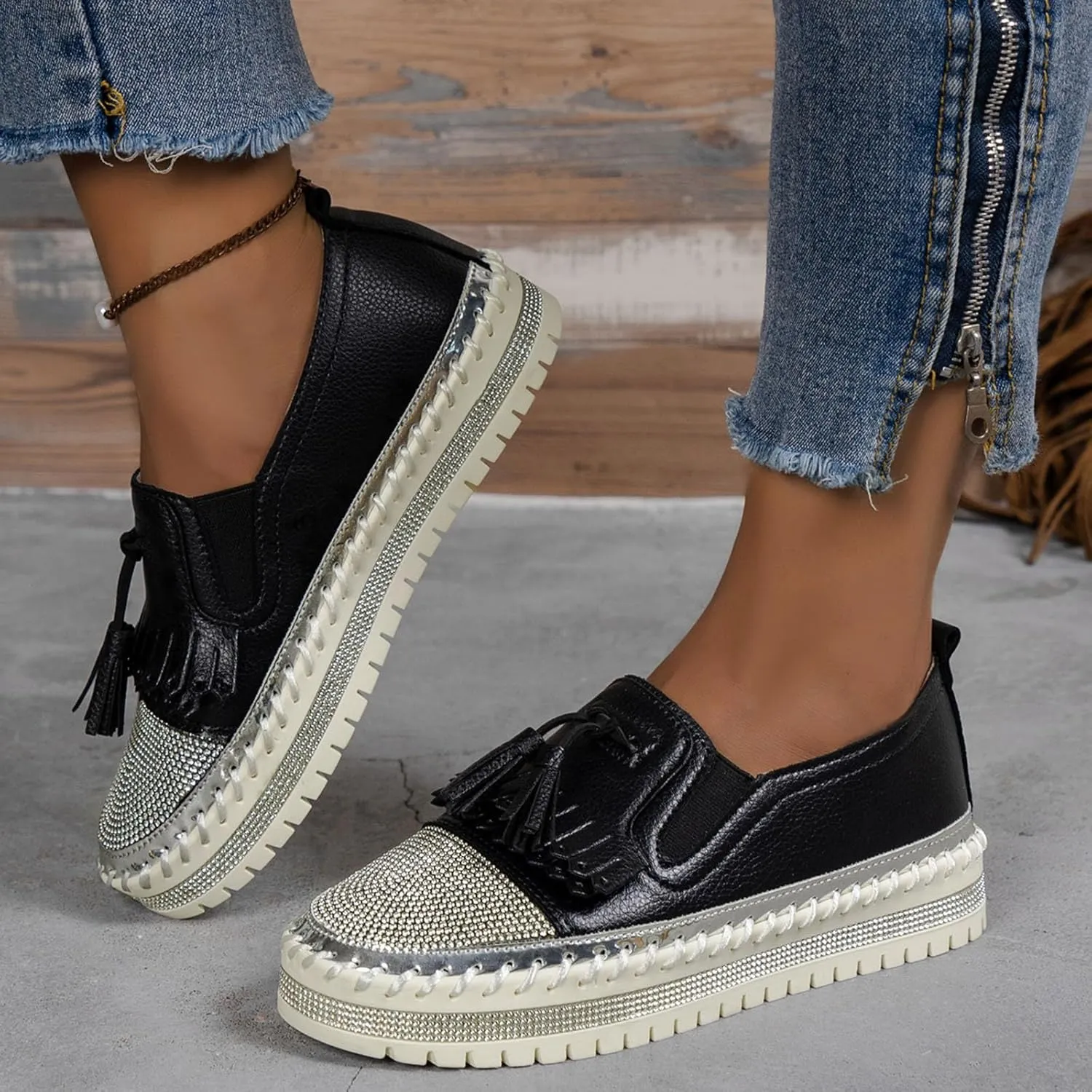 Women's Fashion Leather Loafers Sparkly Rhinestone Tassel Decoration Thick Sole Shoes Casual Handmade Shoes Men