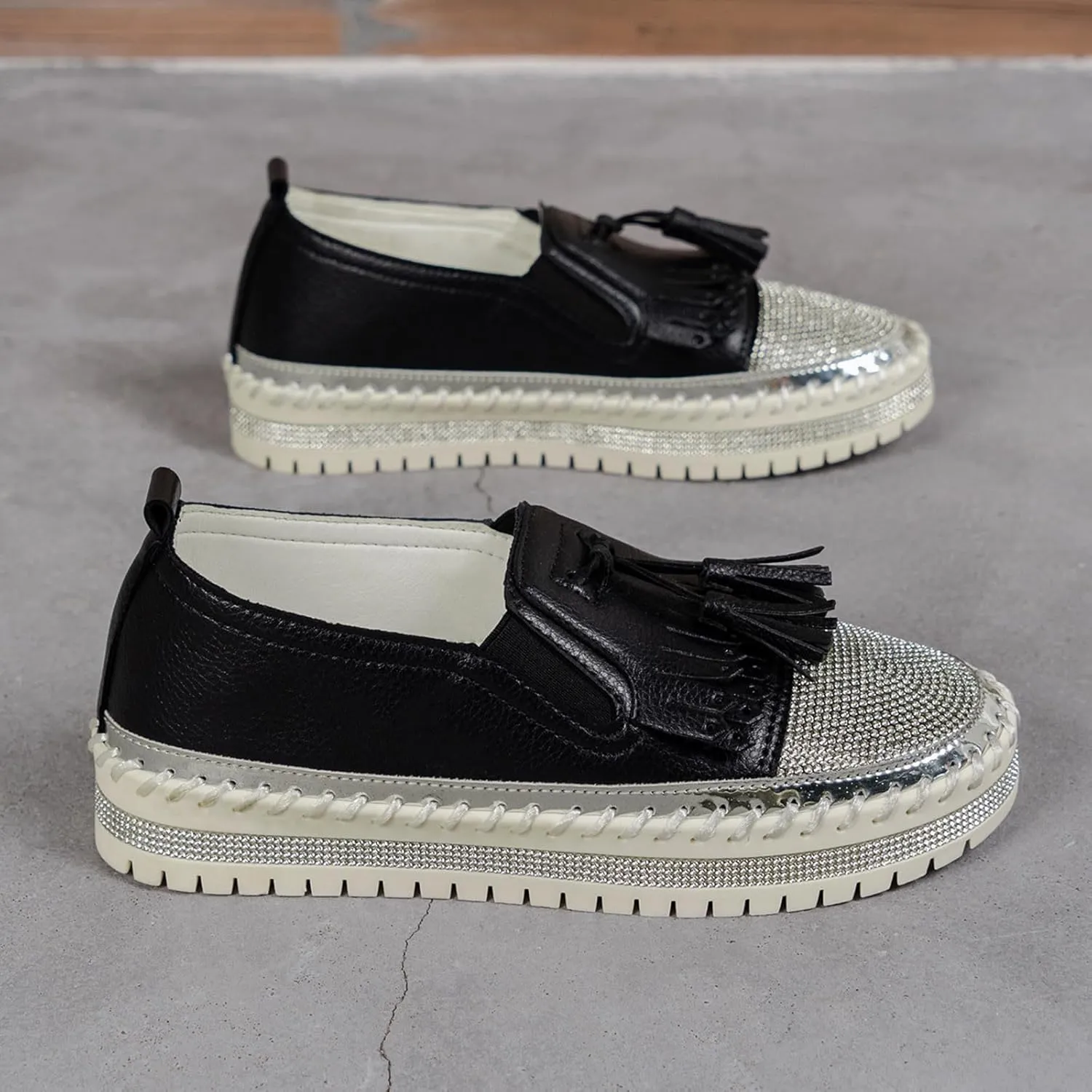 Women's Fashion Leather Loafers Sparkly Rhinestone Tassel Decoration Thick Sole Shoes Casual Handmade Shoes Men