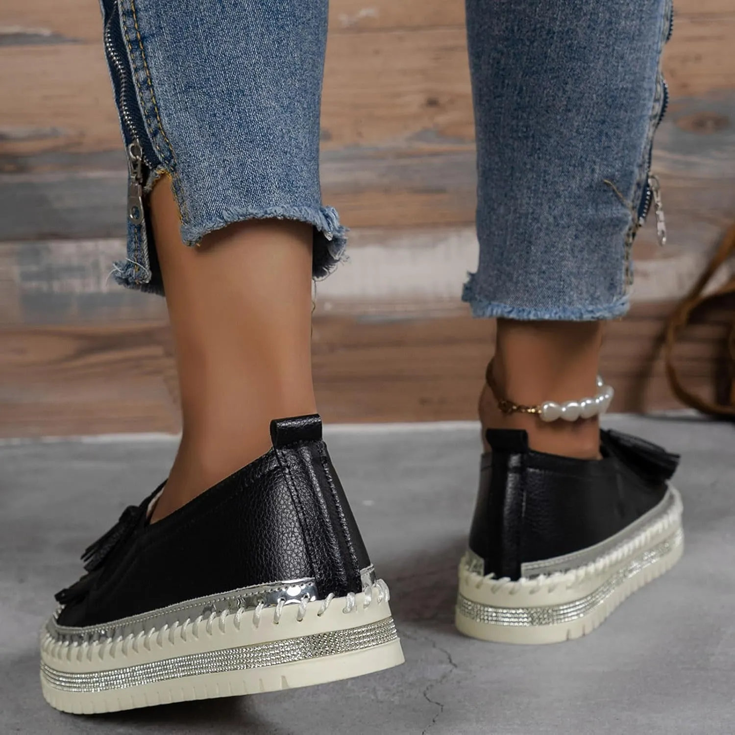 Women's Fashion Leather Loafers Sparkly Rhinestone Tassel Decoration Thick Sole Shoes Casual Handmade Shoes Men