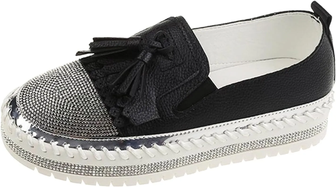 Women's Fashion Leather Loafers Sparkly Rhinestone Tassel Decoration Thick Sole Shoes Casual Handmade Shoes Men
