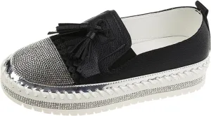 Women's Fashion Leather Loafers Sparkly Rhinestone Tassel Decoration Thick Sole Shoes Casual Handmade Shoes Men