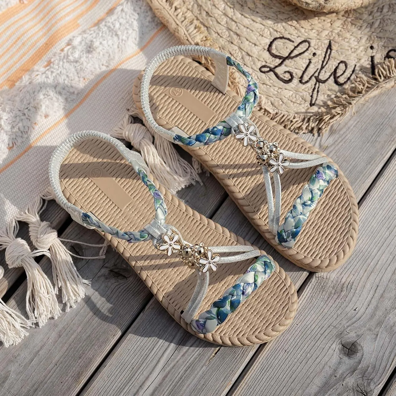 Womens Flat Sandals Ankle Strap Boho Sandals for Women 2025 Dressy Slip on Comfortable Bohemian Beaded Summer Thong Flats