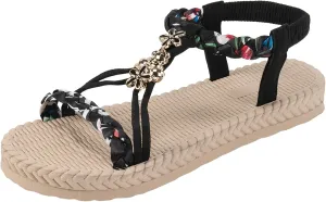 Womens Flat Sandals Ankle Strap Boho Sandals for Women 2025 Dressy Slip on Comfortable Bohemian Beaded Summer Thong Flats