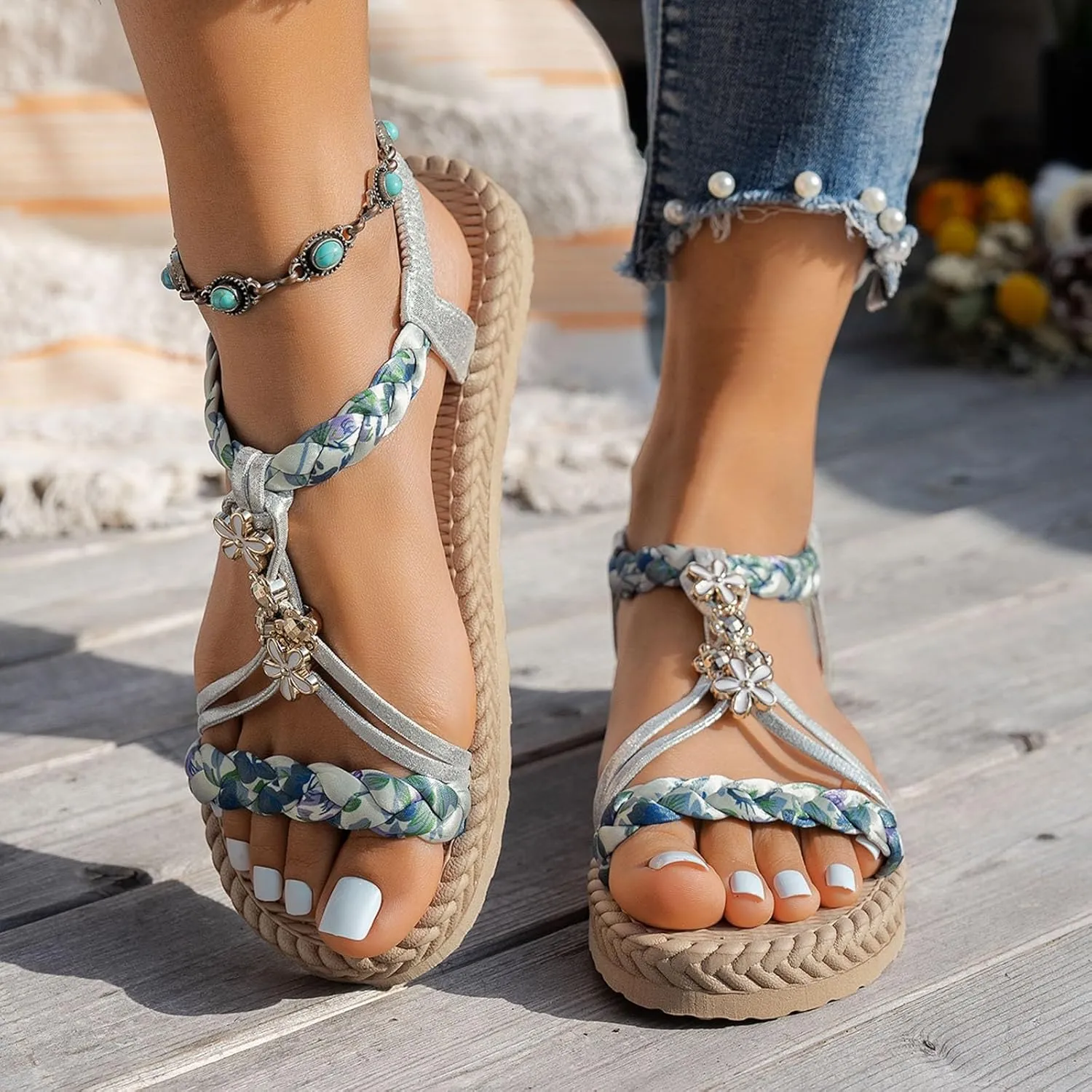 Womens Flat Sandals Ankle Strap Boho Sandals for Women 2025 Dressy Slip on Comfortable Bohemian Beaded Summer Thong Flats