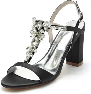 Women's High Chunky Heels Wedding Dress Shoes T-Strap Sandals Open Toe Bridal Pumps Rhinestone Party Bridesmaid Shoes