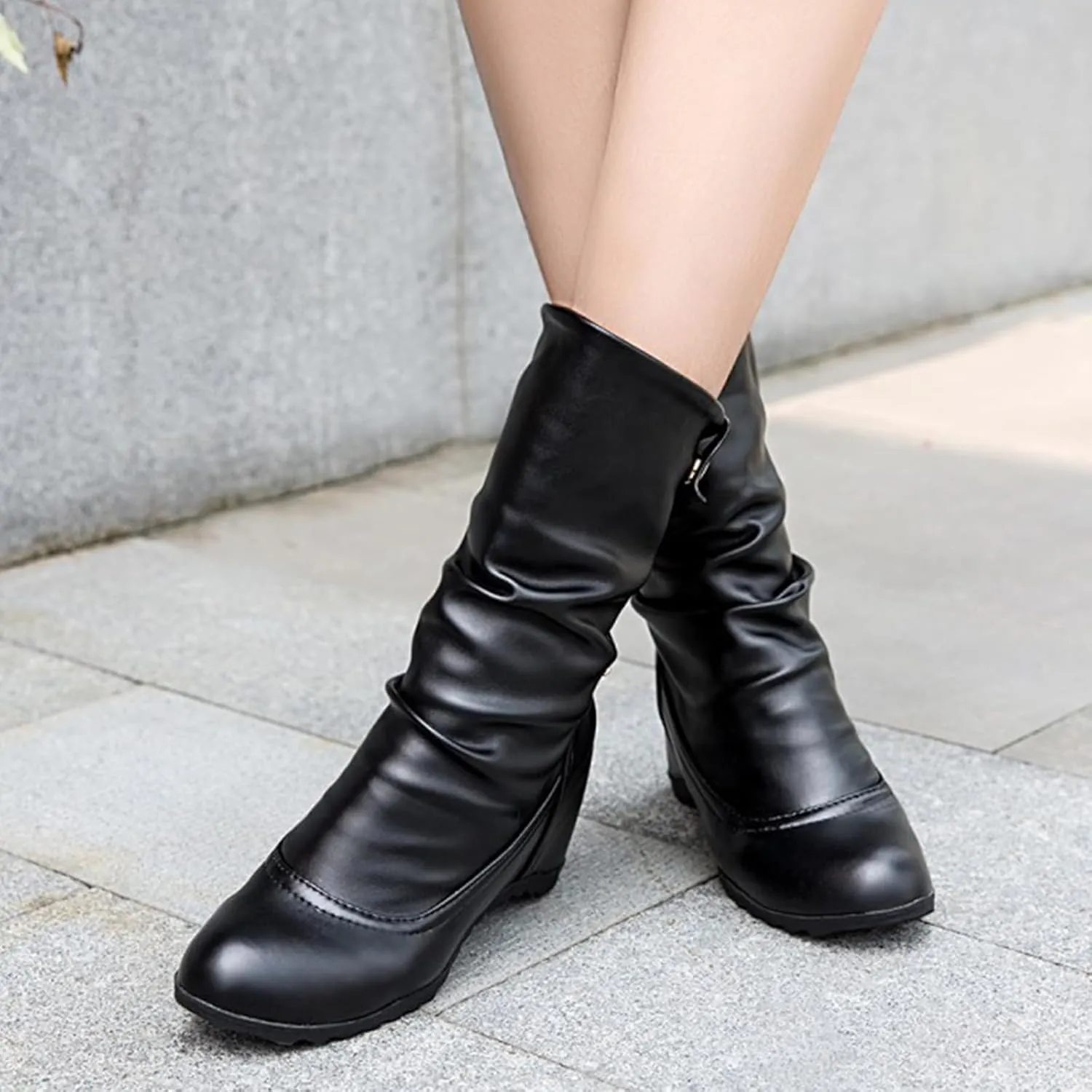 Women's Leather Hidden Wedge Wide Mid Calf Boots Round Toe Flat Adjustable Strap Buckle Dress Booties Comfort Folds Arch Support Ankle Boots