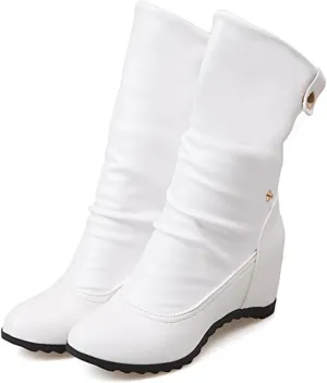 Women's Leather Hidden Wedge Wide Mid Calf Boots Round Toe Flat Adjustable Strap Buckle Dress Booties Comfort Folds Arch Support Ankle Boots