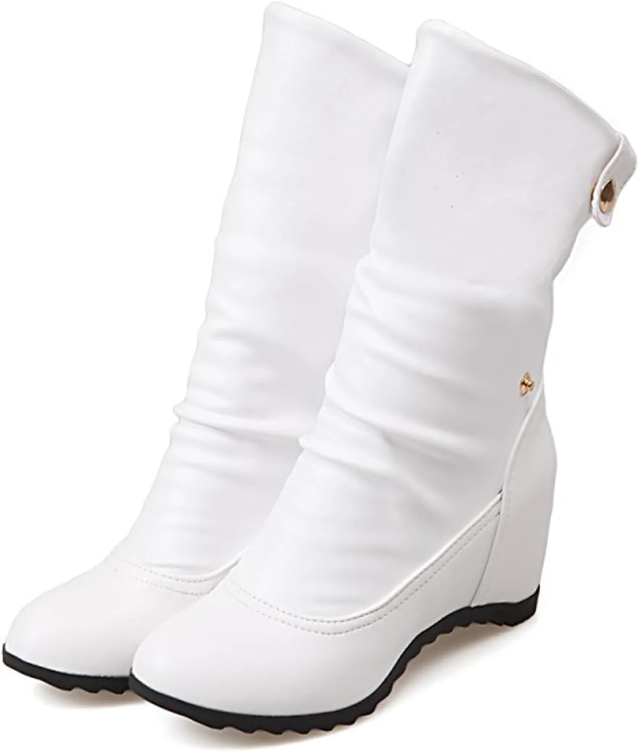 Women's Leather Hidden Wedge Wide Mid Calf Boots Round Toe Flat Adjustable Strap Buckle Dress Booties Comfort Folds Arch Support Ankle Boots