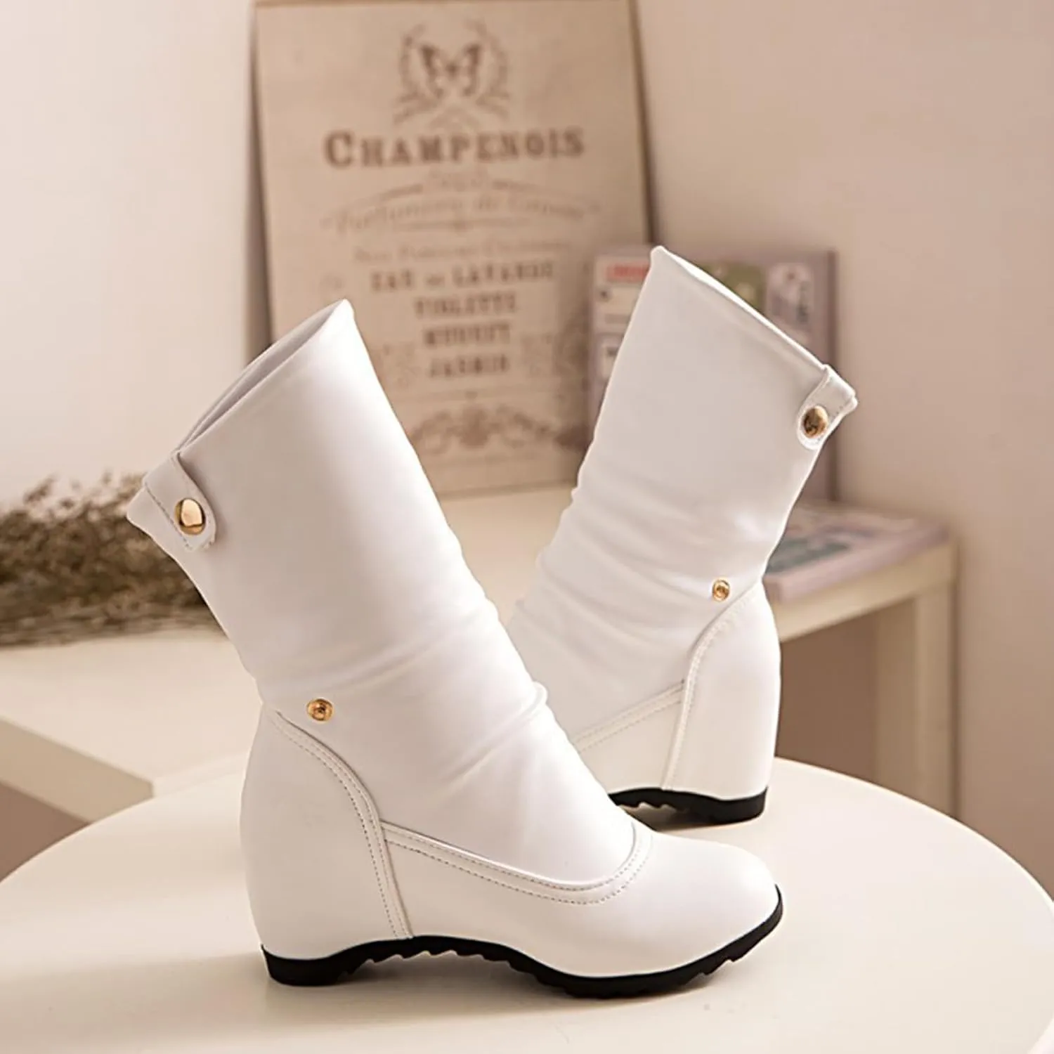 Women's Leather Hidden Wedge Wide Mid Calf Boots Round Toe Flat Adjustable Strap Buckle Dress Booties Comfort Folds Arch Support Ankle Boots