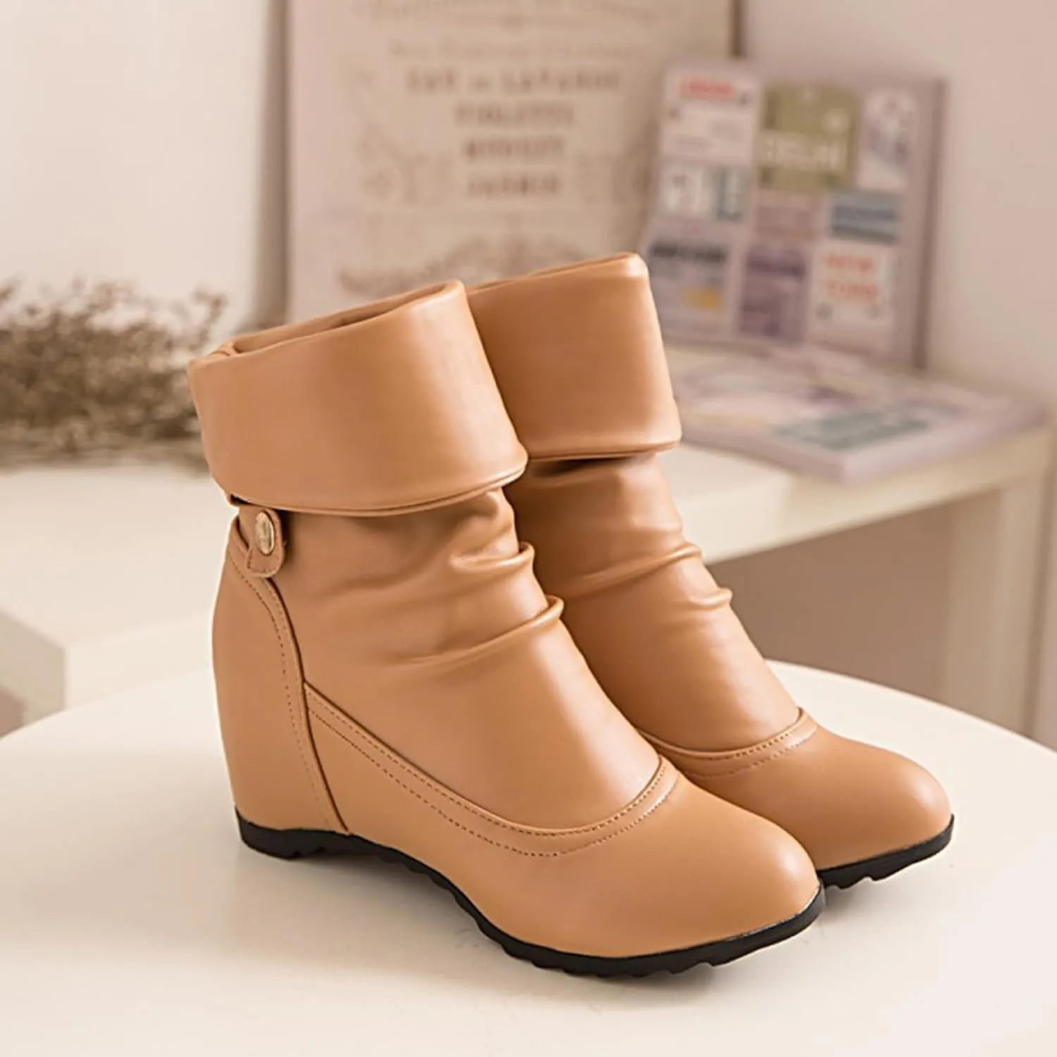 Women's Leather Hidden Wedge Wide Mid Calf Boots Round Toe Flat Adjustable Strap Buckle Dress Booties Comfort Folds Arch Support Ankle Boots