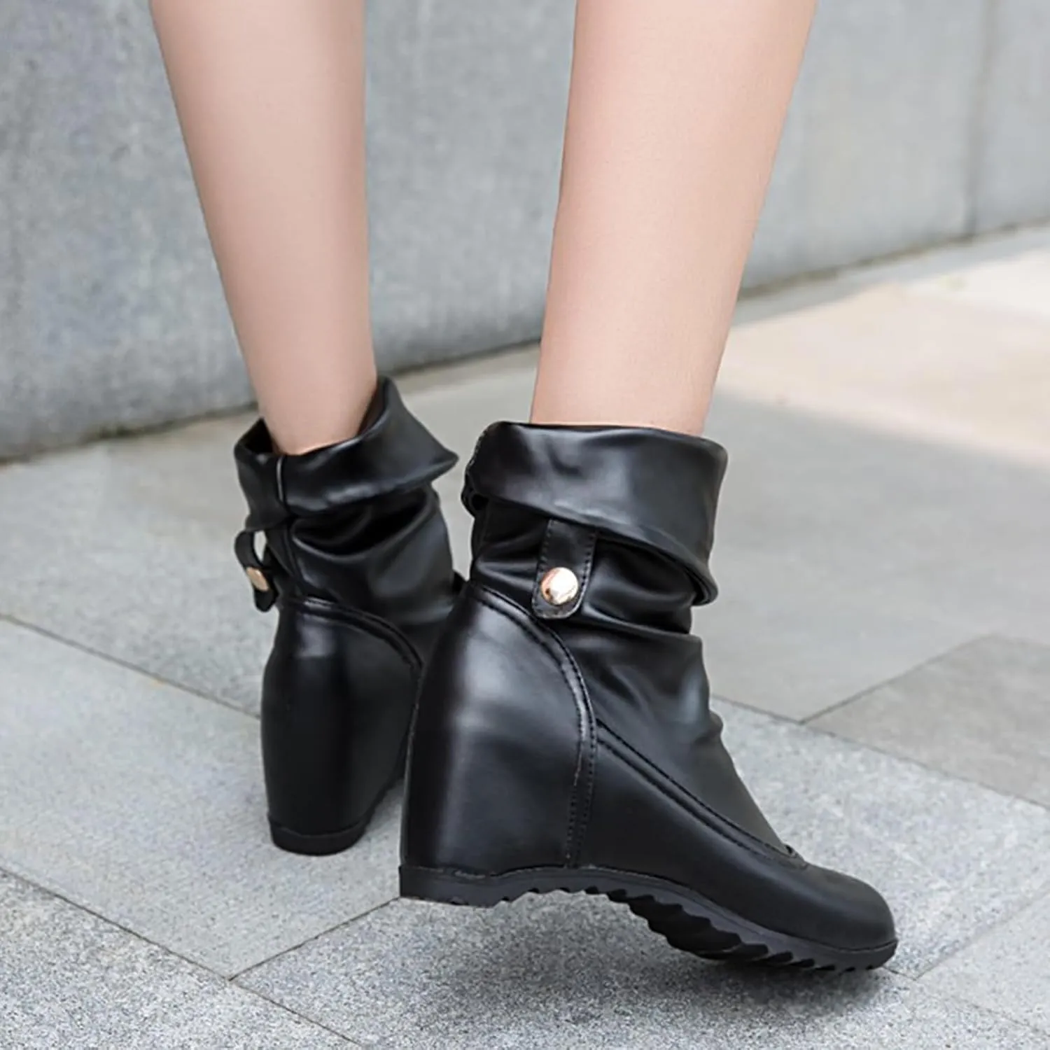 Women's Leather Hidden Wedge Wide Mid Calf Boots Round Toe Flat Adjustable Strap Buckle Dress Booties Comfort Folds Arch Support Ankle Boots