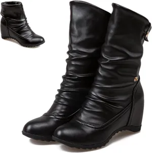 Women's Leather Hidden Wedge Wide Mid Calf Boots Round Toe Flat Adjustable Strap Buckle Dress Booties Comfort Folds Arch Support Ankle Boots