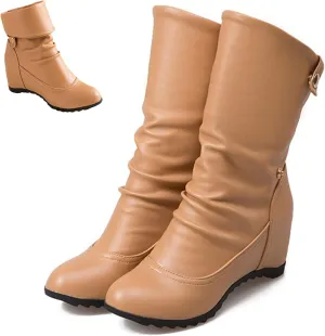 Women's Leather Hidden Wedge Wide Mid Calf Boots Round Toe Flat Adjustable Strap Buckle Dress Booties Comfort Folds Arch Support Ankle Boots