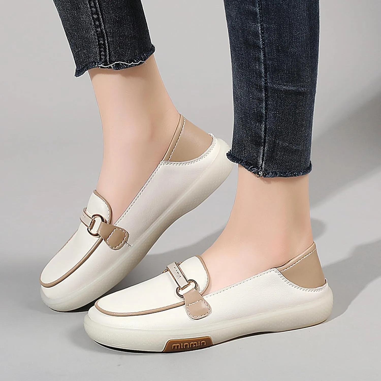 Women's Soft Genuine Leather Classic Buckle Penny Loafers Casual Fashion Lightweight Driving Moccasins Comfortable Round Toe Breathable Slip On Walking Flats
