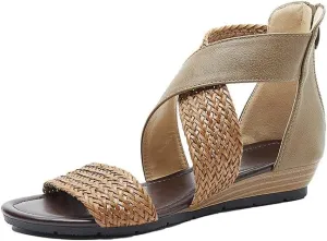 Women's Summer Sandals,Bohemian Retro Non-Slip Back Zipper Casual Beach Walking Soft Flats Platform Dressy Sandals