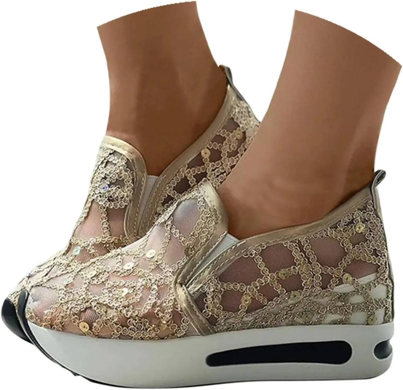 Womenyiaor Platform Wedge Sneakers for Women Dressy, Women's Fashion Sneakers 2024 Floral Embroidery Breathable Sheer Mesh High Heel Slip on Sneakers Casual Comfortable Walking Shoes