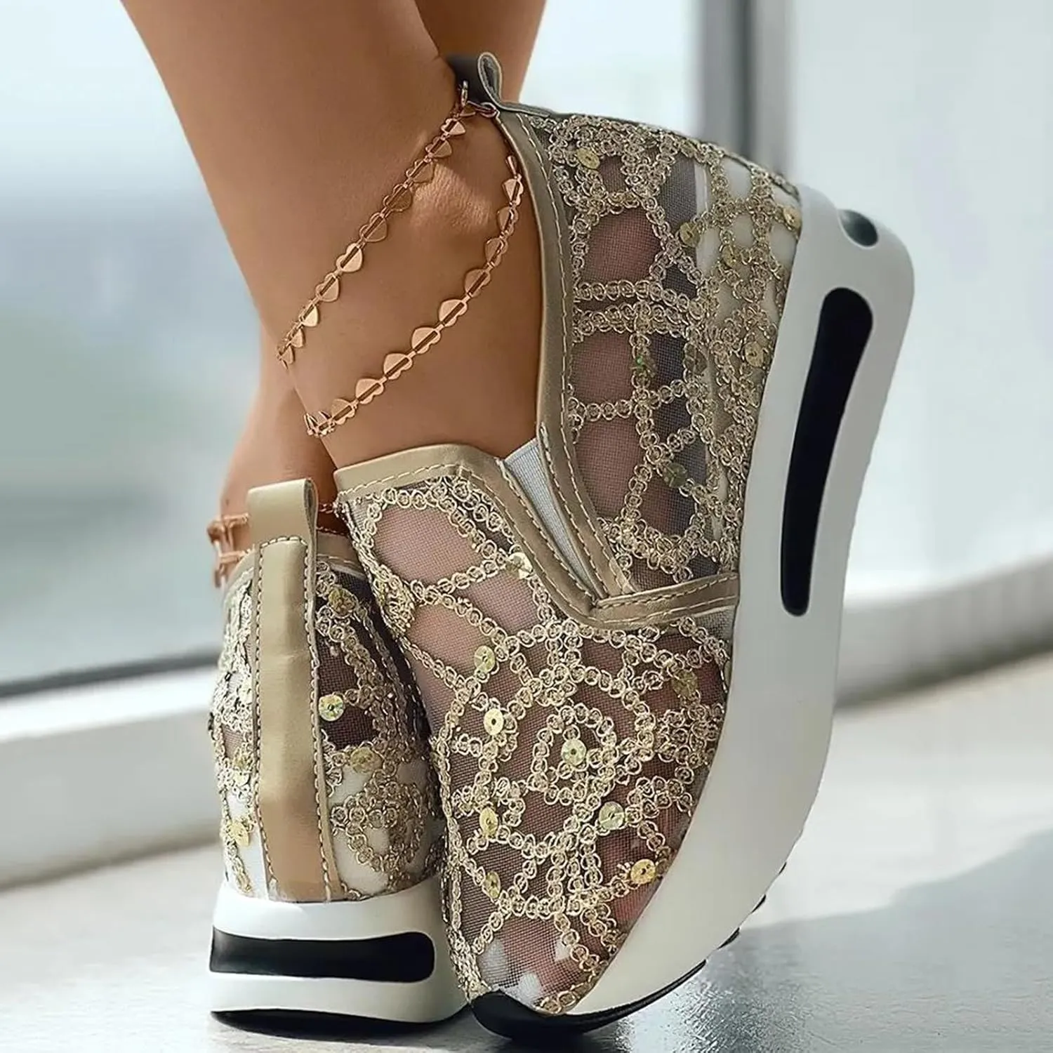 Womenyiaor Platform Wedge Sneakers for Women Dressy, Women's Fashion Sneakers 2024 Floral Embroidery Breathable Sheer Mesh High Heel Slip on Sneakers Casual Comfortable Walking Shoes