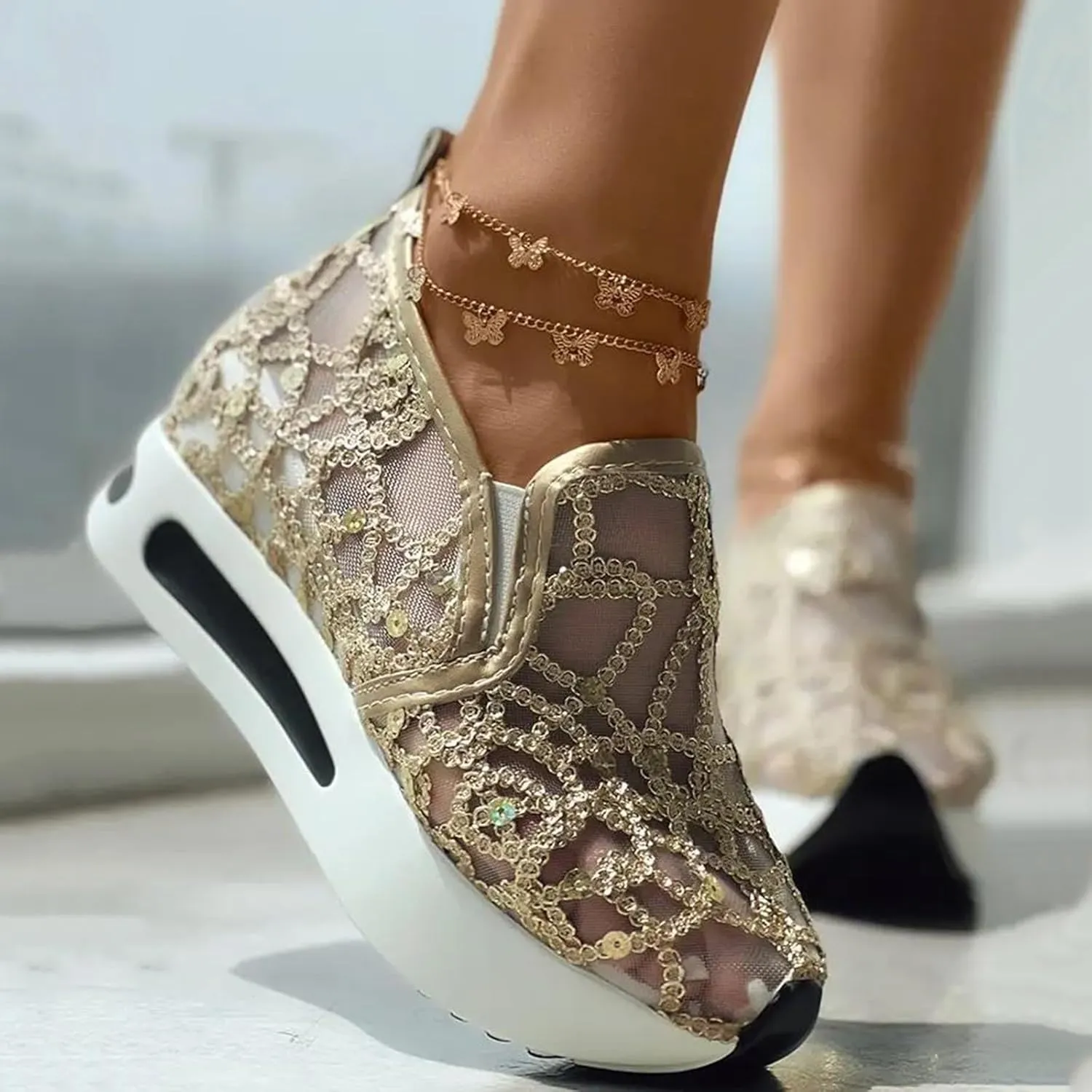Womenyiaor Platform Wedge Sneakers for Women Dressy, Women's Fashion Sneakers 2024 Floral Embroidery Breathable Sheer Mesh High Heel Slip on Sneakers Casual Comfortable Walking Shoes