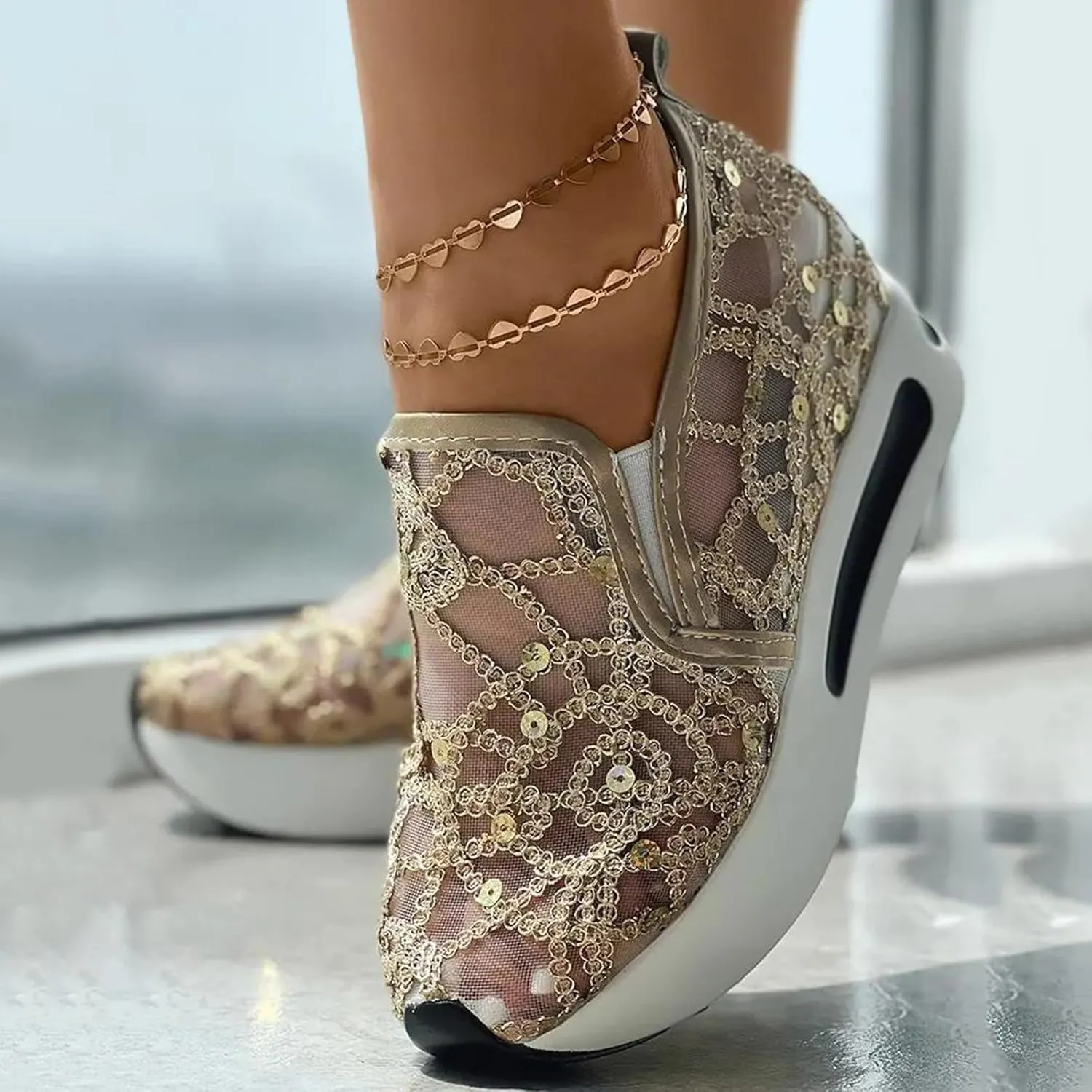 Womenyiaor Platform Wedge Sneakers for Women Dressy, Women's Fashion Sneakers 2024 Floral Embroidery Breathable Sheer Mesh High Heel Slip on Sneakers Casual Comfortable Walking Shoes