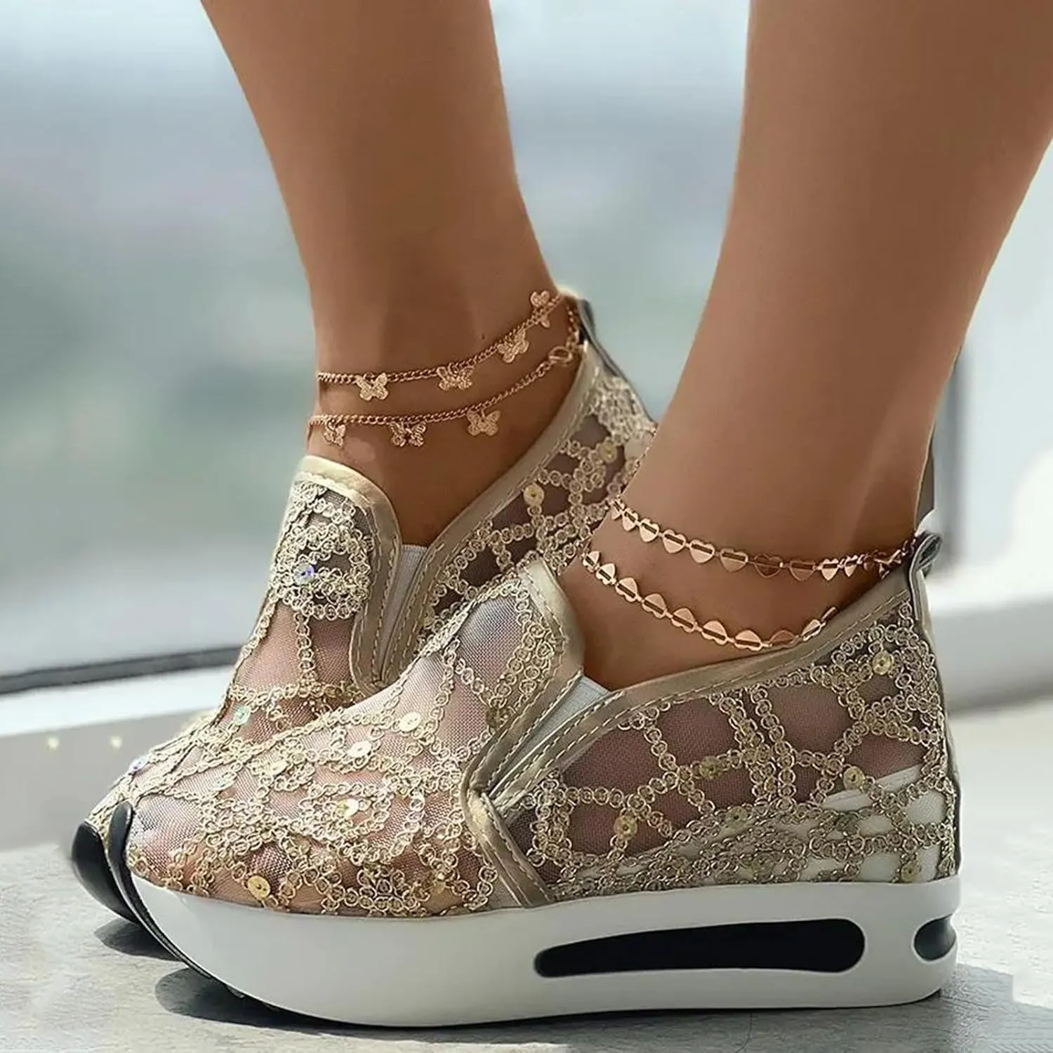 Womenyiaor Platform Wedge Sneakers for Women Dressy, Women's Fashion Sneakers 2024 Floral Embroidery Breathable Sheer Mesh High Heel Slip on Sneakers Casual Comfortable Walking Shoes