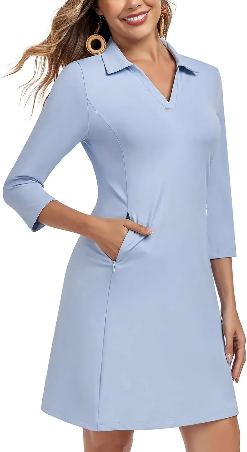 WOWENY 3/4 Sleeve Dress for Women with Pockets V Neck UPF 50  Casual Sun Dress Breathable Quick Dry Beach Vacation