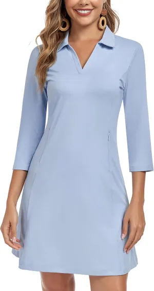 WOWENY 3/4 Sleeve Dress for Women with Pockets V Neck UPF 50  Casual Sun Dress Breathable Quick Dry Beach Vacation