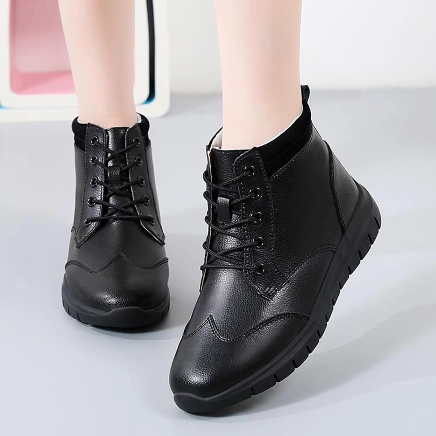 Zeberfi Women's Genuine Leather Flats Ankle Boots Fashion Round Toe Lace Up Soft Sole Casual Booties Retro Comfortable Lightweight High Top Walking Shoes